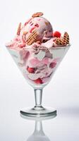 Mixed flavor ice cream served with toppings and cherries. A dessert bowl of cold, creamy delight. Concept of ice cream variety, dessert time, and sweet cravings. White backdrop. Vertical. photo