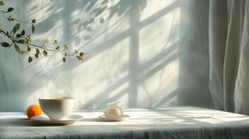 Cozy breakfast scene with steaming cup of tea and orange. Gentle morning light bathing the room. Concept of tranquil awakening, healthy morning routine, and the simplicity of daybreak. Copy space. photo