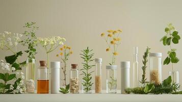 Variety of homeopathic remedies in glass vials with medicinal herbs and flowers. Concept of alternative medicine, organic apothecary, herbal extracts, homeopathy, naturopathy photo