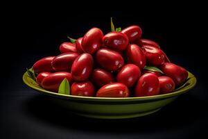 Fresh jujube fruit in a wooden bowl. Black background. Sweet and nutritious red Ziziphus. Chinese red date fruit. Concept of healthy eating, natural snacks, fruit servings, and nutritious choices photo