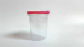 Transparent urine sample container with blue lid. Laboratory urine test cup for medical analysis. Concept of healthcare testing, diagnostics, urine examination. White background. Copy space. photo