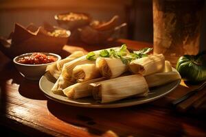 Heaping bowl of homemade tamales wrapped in corn husks. Mexican tamales ready for steaming. Concept of traditional cooking, Mexican cuisine, and comfort food. Dark backdrop. photo