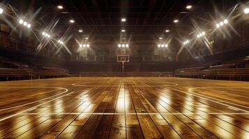 Empty, professional basketball court, gleaming under bright overhead lights. Indoor basketball arena with spotlight illumination. Concept of sports, competition, basketball training photo