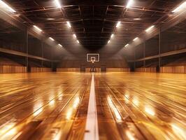 Empty professional basketball court with wooden floor. Indoor basketball arena. Concept of sports, competition, basketball training, and athletic facility photo