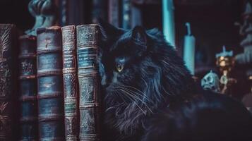 felino en medio de antiguo tomos en un clásico biblioteca. negro gato supervisando un colección de Clásico literatura. concepto de literario nostalgia, histórico conocimiento, y animal compañerismo foto