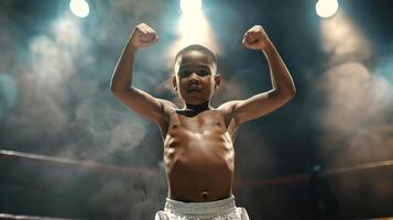 victorioso chico en un boxeo anillo, brazos elevado en triunfo. africano americano niño Boxer. pequeño campeón con boxeo guantes celebrando. concepto de logro, juventud Deportes, victoria, celebracion. foto