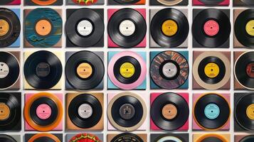 Collection of vinyl records. Assortment of vinyl LPs. Top view. Background. Concept of music diversity, vintage collection aesthetics, retro music, nostalgia, vintage audio. photo