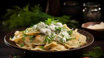 Traditional Ukrainian Vareniki on an ornate dish, garnished with herbs. Soft dumplings with a herb-infused topping. Concept of national dishes, culinary art, and comfort eating.. photo