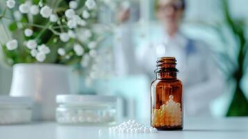 Bottle of homeopathic medicine pellets with a blurred doctor Homeopath in the background. Homeopathy treatment and alternative medicine concept in a clinical setting photo