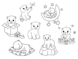 Cute line baby bear set. Cartoon hand drawn outline illustrations for coloring book. Baby polar animal isolated on white vector