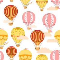 Seamless pattern with Hot Air Balloon and clouds on white. colorful endless background vector