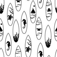 Seamless monochrome pattern with black surfboards with octopus, turtle, boat, seahorse drawing. outline summer background on white vector