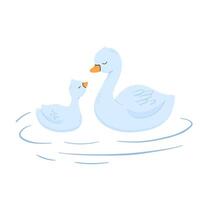 Cute baby and mama Swan. cartoon illustration for children. Duck family vector