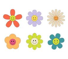 Groovy retro flowers daisy set. Hippie psychedelic stickers in 1970 style. Disco flowers with face isolated on white background vector