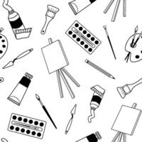 Seamless monochrome pattern with artist tools. Line Paint tube and Easel isolated on white background vector