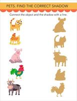 Find the right shadow. Puzzle Game for children. Cute cartoon style characters. Animals on white background. Preschool activity. illustrations. vector