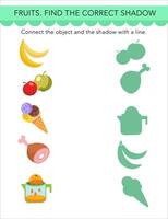 Find the right shadow. Puzzle Game for children. Cute cartoon style food. Objects on white background. Preschool activity. illustrations. vector