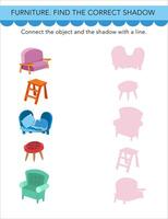 Find the right shadow. Puzzle Game for children. Cute cartoon style characters. Furniture on white background. Preschool activity. illustrations. vector