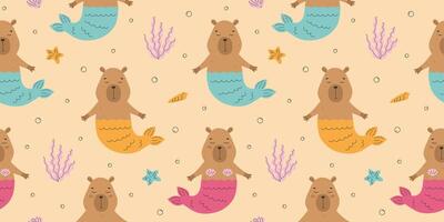 Pattern with funny capybaras with mermaid tail vector