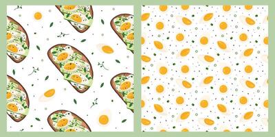 Seamless patterns with bruschetta and boiled eggs vector