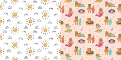 Summer seamless pattern with funny capybaras vector