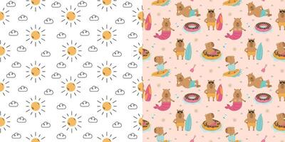 Summer seamless pattern with funny capybaras vector