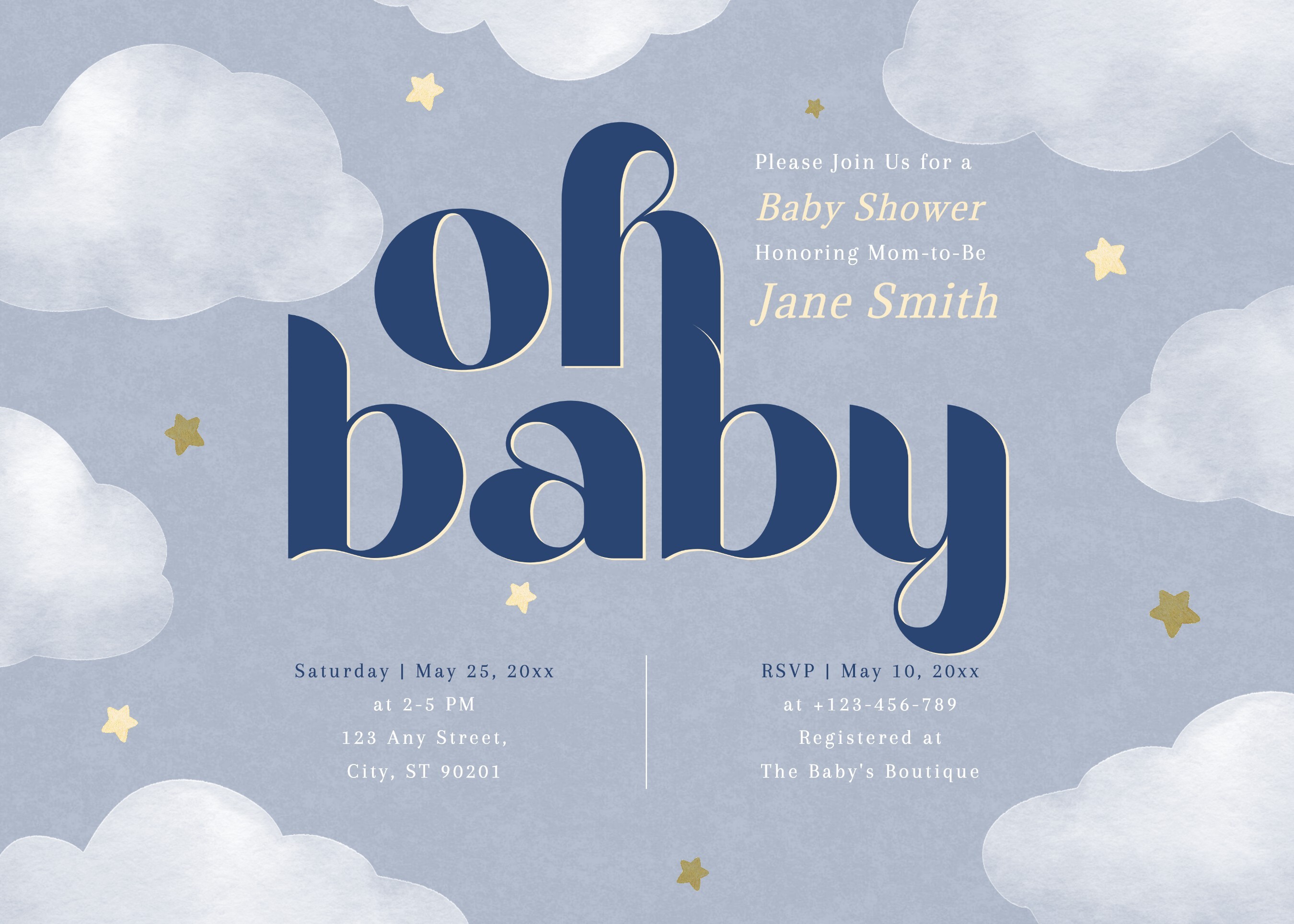 Oh Baby Shower Invitation Card Template with Watercolor Clouds