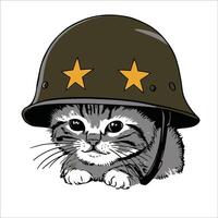 hand drawn illustration of a kitten wearing a army helmet vector