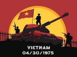 Vietnam guerra póster con un tanque y soldados vector