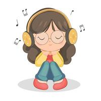 a girl listening to music using a headphone vector