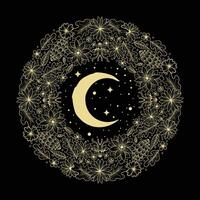 creciente Luna ilumina el jardín de imaginación lleno de flores y estrellas vector