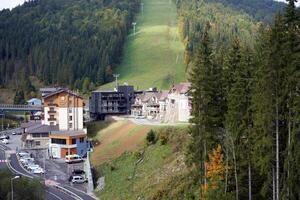 Bukovel, Ukraine October 2020 Autumn season in ski mountain resort photo