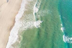 zenithal aerial view of the shore of an empty beach in summer at sunrise, drone shot photo