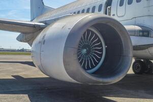 an engine part of the boeing b737 aircraft owned by Merpati Airline which is no longer used and converted into a collection at the juanda aviation museum, Indonesia, 29 july 2023. photo