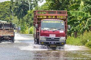 varios vehículos tal como camiones, bicicletas y carros fueron atrapado por agua de inundación en griego regencia, Indonesia, 21 febrero 2024. foto