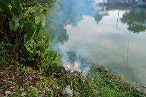 pila de algo de basura quemado en el borde de el lago lata contaminar el ambiente foto