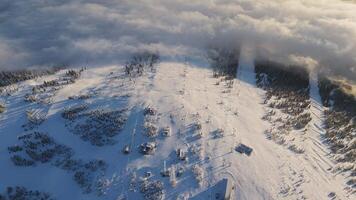 Winter nature aerial view snow-covered forest amidst clouds serene wonder Winter nature embodying serene majesty north. Winter nature heart northern winter wonder captivating serene. video