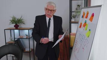 Senior Geschäft Mann Trainer Führer Konferenz Lautsprecher erklären Projekt Strategie auf Büro Whiteboard video