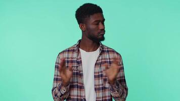 Sad african american man dissatisfied with bad quality, wave hand, shake head, dismiss awful idea video