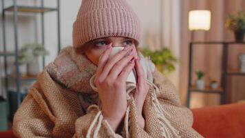 Young sick woman wear hat wrapped in plaid sit alone shivering from cold on sofa drinking hot tea video