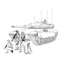 Israel army soldiers in uniform with assault rifles with Merkava tank graphic illustration for Veteran Remembrance Day vector