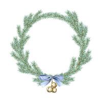 Christmas spruce tree branches with blue bow and jingle bells round wreath frame watercolor illustration for holidays vector