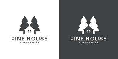 Pine tree logo design template with house building design graphic illustration. Symbol, icon, creative. vector