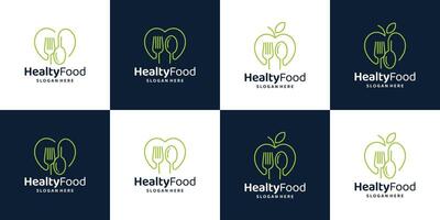 Collection of health food logo design template. heart love logo with leaf fork design graphic . Symbol, icon, creative. vector