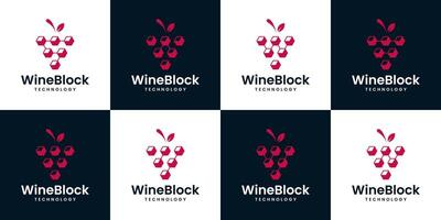 Collection of grape tech logo design template. Abstract grape logo with hexagon tech system, block chain design graphic illustration. Symbol, icon, creative. vector