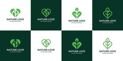 Collection of Nature leaf logo design template with heart love design graphic illustration. Symbol, icon, creative. vector