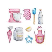 Watercolor bakery tools cooking set vector