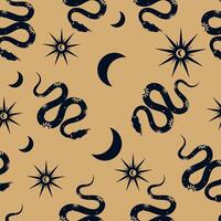 magical seamless pattern with snake with sun, moon and stars signs. Mystical esoteric background for design of fabric, textiles, packaging, astrology, wrapping paper. vector