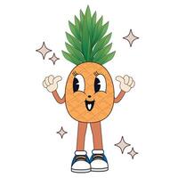 Groovy retro cartoon pineapple character in cool vintage 50s, 60s, 70s style. Fruit vintage mascot. vector