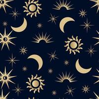 Golden seamless pattern with mystical magic elements of various sun and moon shapes. Items of spiritual occultism and esotericism, trendy style. vector